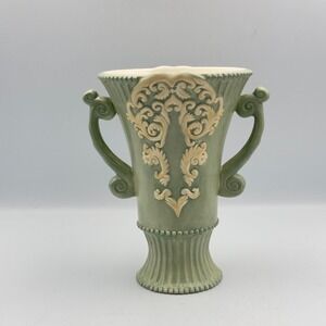 Burton & Burton Sage Green Ornate Ceramic Urn Vase Scroll Handles Cottagecore